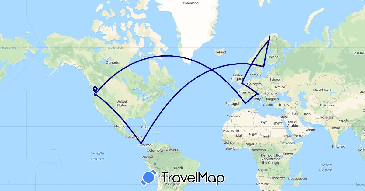 TravelMap itinerary: driving in Costa Rica, Spain, United Kingdom, Croatia, Italy, Norway, Sweden, United States (Europe, North America)